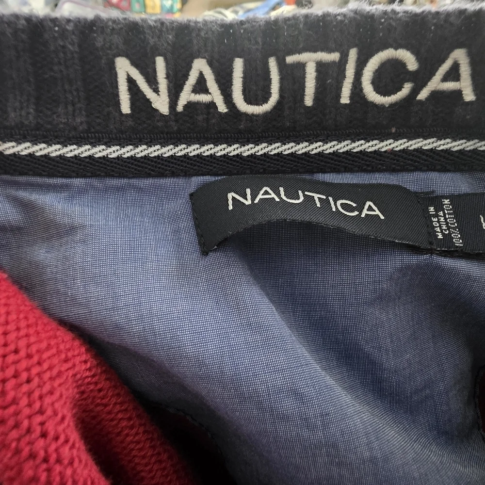 Nautica Red and Navy Men's Sweater Crewneck Cotton Sweater Size Large Logo